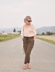 Border patrol: cargo pants with a lace-trimmed camisole and patterned kimono