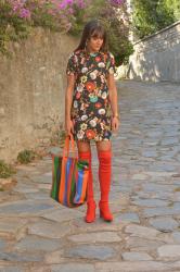 Floral Dress ♥ Balenciaga Striped Bazar Tote ♥ Zara Red Thigh High Boots