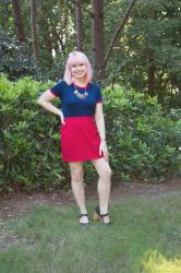 Outfit: Red Mini Skirt, Blue Ringer Tee and Navy Blue Clogs