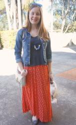 Red Printed Maxi Skirt with Blue Tees and Denim Jacket