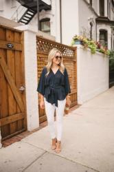 White Jeans + Navy Blouse