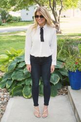 Bow Tie Blouse + Frame Denim.