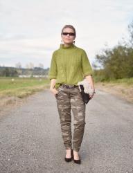 The Bright Side:  styling a green mohair sweater with camouflage trousers and black block-heeled pumps