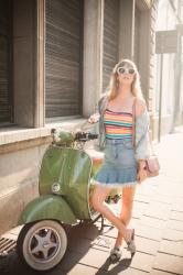 Outfit: scooter, rainbow stripes and mules