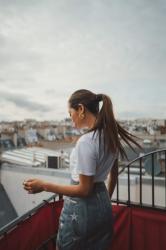 Embellished denim skirt and white t-shirt for Balmain