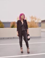 Neon dream:  Black patterned shirt, black skinnies, black and maroon suit jacket, and fuchsia hair 