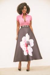 Short Sleeve Button Down + Hibiscus Print Mid Skirt