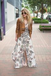 Blush Maxi Dress with a Faux Suede Jacket.