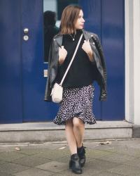 Easy Way to Wear Polka Dots in Fall: Chunky Knit Wear Over Wrap Dress