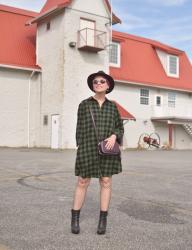 Curated: Plaid shirtdress, fishnet tights, platform booties, and a felt fedora