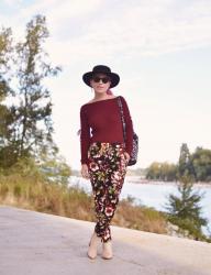 Danger Zone:  maroon sweater, floral trousers, ivory booties, and a flat top fedora