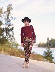 Danger Zone: maroon sweater, floral trousers, ivory booties, and a flat top fedora