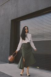 Tie Neck Shirt & Ruffle Midi Skirt