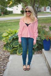 Striped Button-up Worn Off the Shoulder.