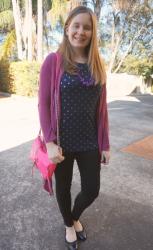 Easy Spring Outfit Formula: Purple Cardi, Skinny Jeans and Printed Top