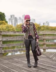 Band Practice:  split-sleeve floral blouse, vegan leather leggings, moto vest, and platform booties