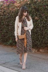 Fall Floral Dress and Shearling Bomber Jacket