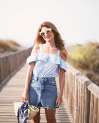 BLUE TOP + DENIM SKIRT