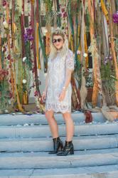 White Lace Dress + Patent Leather Space Boots.