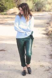 J.Crew Green Leather Pants, H&M Ruffle Sweater & Gucci Princetown Fur Mules