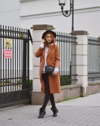 Camel coat & white hoodie