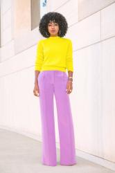 Neon Crew Neck Sweater + Lilac Wide Leg Pants