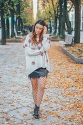 Oversized sweater and leather skirt