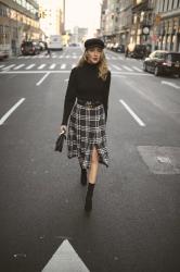 Plaid Midi Skirt + Puffed-Shoulder Turtleneck