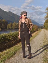 Knock, Knock: black skinny jeans, leopard coat, hidden-wedge booties, and a beret