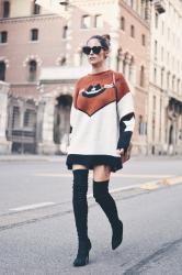 oversized sweater + over knee boots