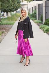 KCFW Friday Night: Fuchsia Pleated Midi Skirt + Black Denim Chain Jacket.