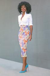 Fitted Button Down + Custom Print Pencil Skirt