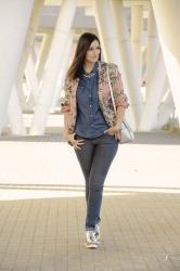 Floral blazer and silver shoes