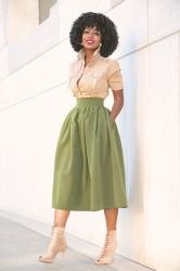 Military Style Button Down + Full Midi Skirt