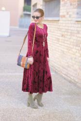 Red velvet maxi dress & sock boots: 70s vibes