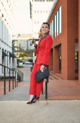 Monday Work Outfit With A Powerful Red Pantsuit  