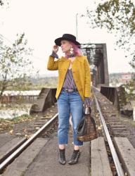 Blown away: mustard wool jacket with cropped jeans, stiletto booties, and a fedora