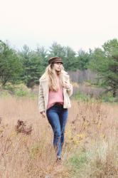 Pink Sweater + Shearling Jacket