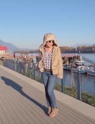 Last hurrah: styling a faux-fur hoodie with a plaid shirt, skinny jeans, and open-toe platform booties