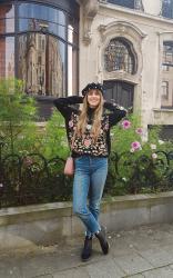 Outfit: embroidered sweater and pearl beret