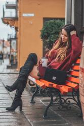 Long burgundy sweater and over the knee boots