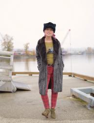 Eyes and Ears:  faux-fur collared coat, red plaid pants, booties, and a fun hat!