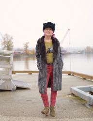 Eyes and Ears: faux-fur collared coat, red plaid pants, booties, and a fun hat!