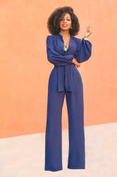 Navy Bell Sleeve Wide Leg Jumpsuit