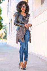 Puff Sleeve Leather Jacket + Handkerchief Tee + Amo Twist Jeans