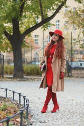 Red Outfit with Camel Coat