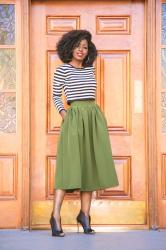 Striped Crop Top + Gathered Midi Skirt