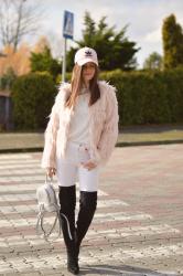 Pink fur and black overknee boots