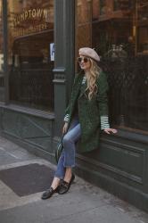 GREEN STRIPES // OVERALLS AND A STATEMENT COAT