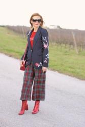 Embroidered blazer and plaid pants